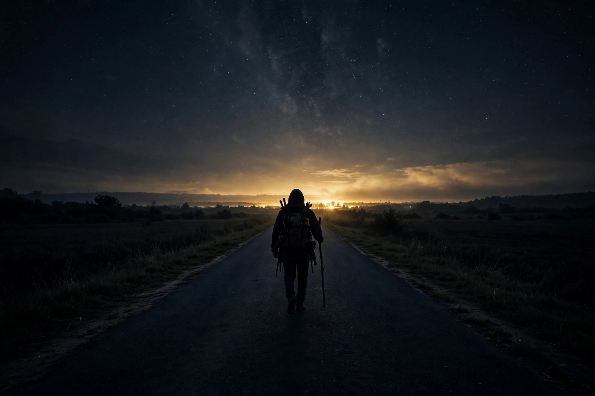 A lone traveler walking toward light on the horizon at night